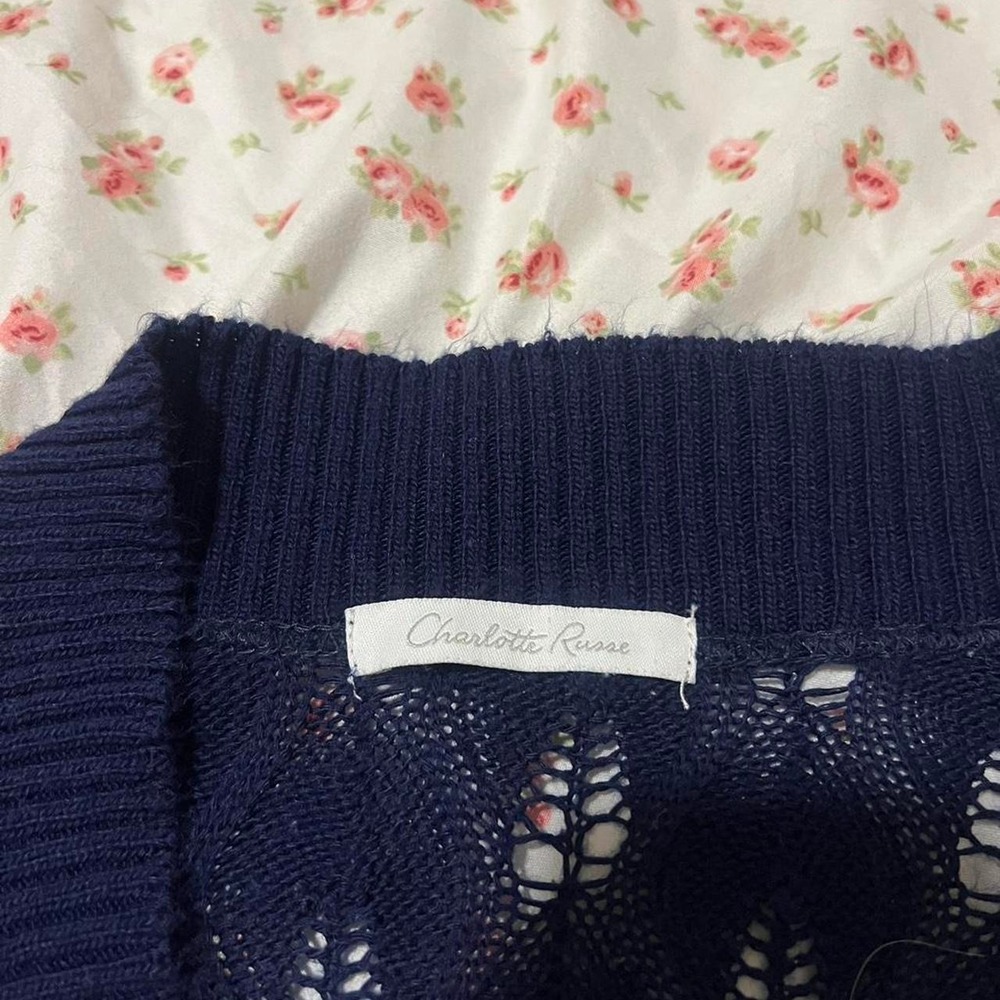 vintage navy blue open knit cardigan sleeveless top - Picture 3 of 4